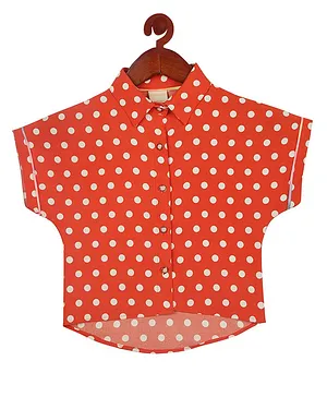 Tiny Girl Short Sleeves Polka Dot Printed Shirt Style Top - Orange