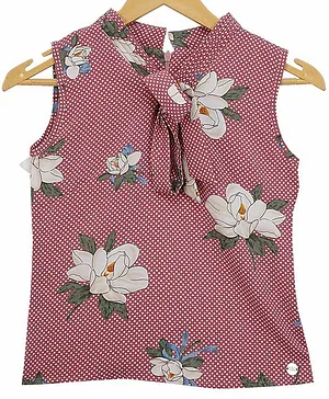 Tiny Girl Sleeveless Floral Floral Printed Front Tie Up Designed Top - Onion Pink
