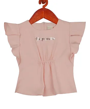 Tiny Girl Frill Short Sleeves Always Positive Foil Text Printed Top - Peach