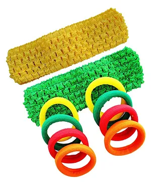 Akinos Kids Set Of 10 Crochet Knitted Soft Elastic Stretchable Headbands & Hair Rubber Ponytail Bands - Yellow & Green
