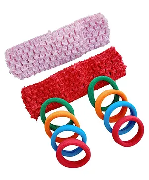 Akinos Kids Set Of 10 Crochet Knitted Soft Elastic Stretchable Headbands & Hair Rubber Ponytail Bands - Pink And Red