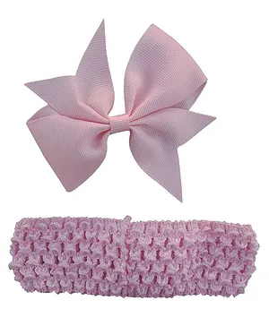 Akinos Set Of 2  Double Bow Flower Shape Applique Hair Clip & Crochet Knitted Soft Elastic Stretchable Headband - Light Pink