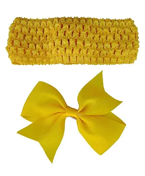 Akinos Set Of 2  Double Bow Flower Shape Applique Hair Clip & Crochet Knitted Soft Elastic Stretchable Headband - Yellow