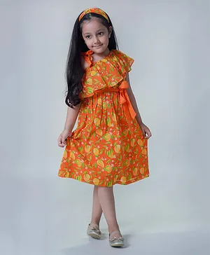 Tiber Taber One Shoulder Mangoes Printed Dress - Orange
