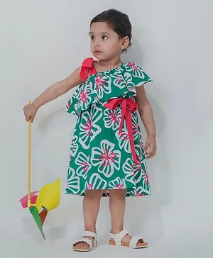 Tiber Taber One Shoulder Floral Printed Ruffle Dress - Green