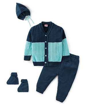 Babyhug Knitted Full Sleeves Sweater Set with Cap & Booties Cable Knit Design - Blue Babyhug Knitted Full Sleeves Sweater Set with Cap & Booties Cable Knit Design - Blue