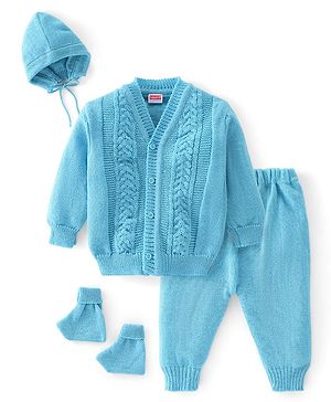 Babyhug Knitted Full Sleeves Sweater Set with Cap & Booties Cable Knit Design - Blue