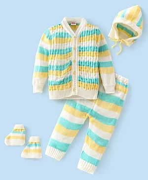 Babyhug Full Sleeves Striped Design Sweater Set with Cap & Booties - Multicolour