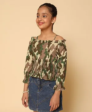 Kids Cave Cold Shoulder Sleeves  Camouflage Printed Smocked Top - Green