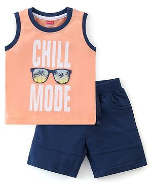Babyhug 100% Cotton Knit Sleeveless T-Shirt & Shorts With Text Print - Orange & Blue
