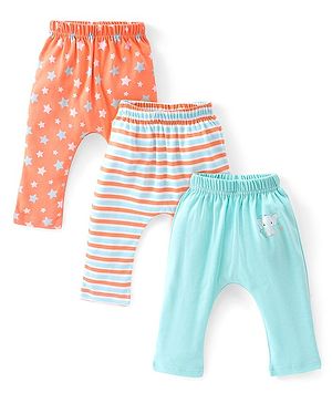 Babyhug Cotton Full Length Diaper Pants Striped & Elephant Printed Pack of 3 - Orange & Blue