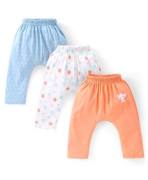Babyhug Cotton Full Length Stars Printed Diaper Pants Pack of 3  - Blue Orange & White