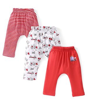Babyhug Cotton Knee Length Diaper Leggings Striped & Construction Vehicles Printed Pack of 3 - Red & White