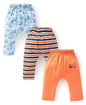 Babyhug Cotton Full Length Trucks Printed Diaper Pants Pack of 3  - Blue Orange & Red