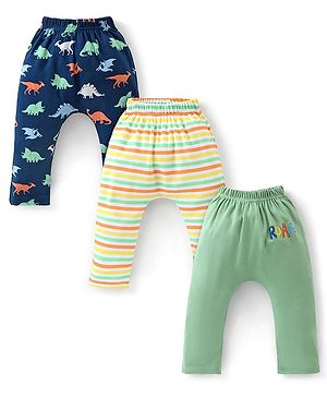 Babyhug Cotton Full Length Striped Diaper Pants Dino Print Pack of 3  - Multicolour