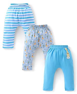 Babyhug Full Length Cotton Diaper Pants Giraffe Print Pack of 3 - Blue