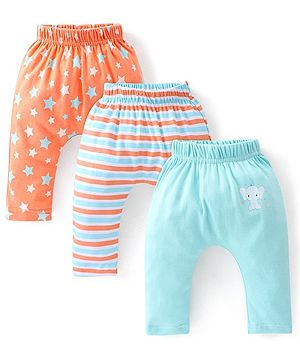 Babyhug Cotton Knit Knee Length Diaper Pants Striped & Stars Printed Pack of 3 - Orange & Blue