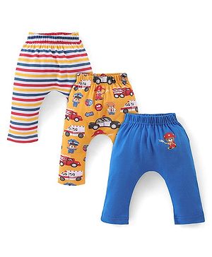 Babyhug Cotton Full Length Cars Printed Diaper Pants Pack of 3  - Yellow & Blue
