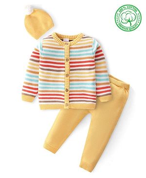 Babyhug Organic Cotton Full Sleeves Striped Baby Sweater Set with Cap - Multicolor