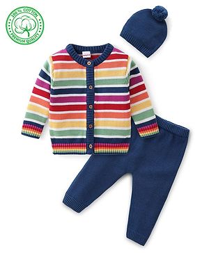 Babyhug Organic Cotton Knit Full Sleeves Sweater Set with Cap Stripe Design - Multicolour