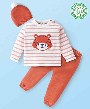 Babyhug Organic Cotton Full Sleeves Sweater Set Striped & Tiger Print - Peach & White