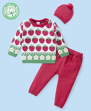 Babyhug Organic Cotton Knit Full Sleeves Sweater Set with Cap Strawberry Design - Pink & White