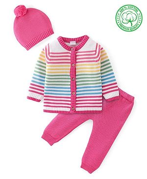 Babyhug Full Sleeves Baby Sweater Set Striped with Cap - Pink