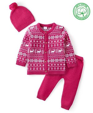 Babyhug Organic Cotton Knit Full Sleeves Sweater Set with Cap & Reindeer Design - Dark Pink
