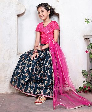 Pine Kids Half Sleeves Embroidered Lehenga Choli Set with Dupatta Floral Print - Pink