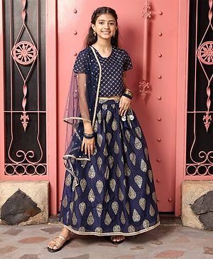 Pine Kids Half Sleeves Choli & Lehenga With Dupatta Set Zari Design - Navy Blue