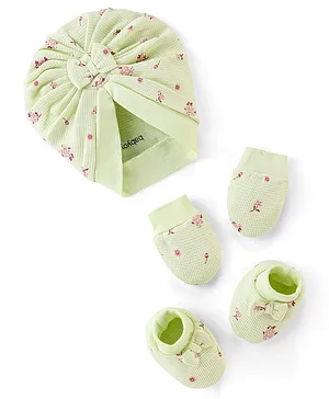 Babyoye Cotton Eco Conscious Cap Mitten & Booties Set Green - Diameter 12.5 cm