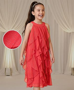 Pine Kids Halter Neck Shimmer Multi Ruffles Knee Length Sleeveless Party Wear Dress- Coral Pink
