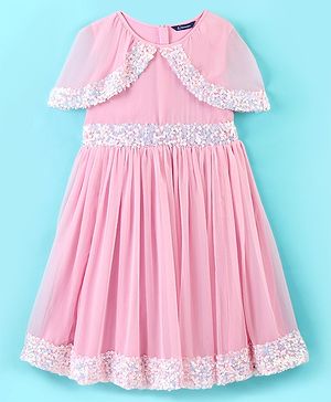 Pine Kids Half Sleeves Sequined Knee Length Party Wear Dress- Pink
