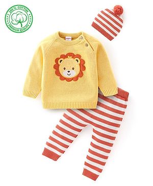 Babyhug Organic Full Sleeves Baby Sweater Set with Bear Design & Cap - Yellow & Red