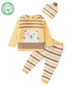 Babyhug Organic Full Sleeves Sweater Set & Cap with Bear Design - Yellow & Brown