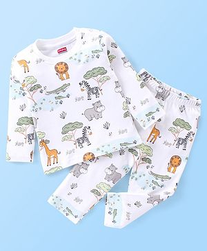 Babyhug Interlock Cotton Knit Full Sleeves Night Suit Jungle Print - White