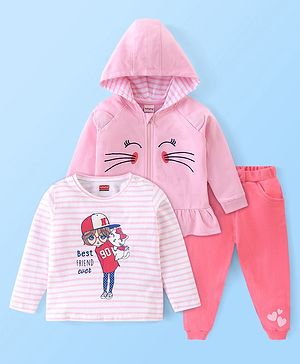 Babyhug 100% Cotton Full Sleeves T-Shirt & Hooded Top With Lounge Pant Stripes & Kitty Print- Pink