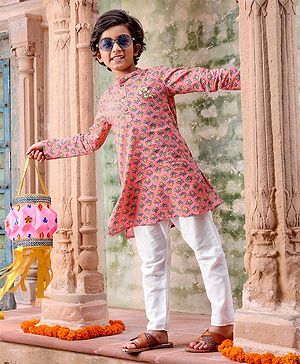 Pine Kids Full Sleeves Kurta Pyjama Set With Floral Print - Pink