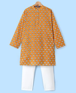 Pine Kids 100% Cotton Woven Full Sleeves Kurta & Pyjama Set Floral Print - Mustard