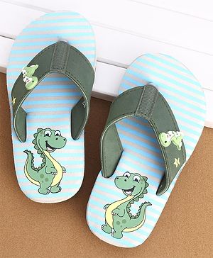 Cute Walk by Babyhug Striped & Dino Printed Slip On Flip Flops - Green & Blue