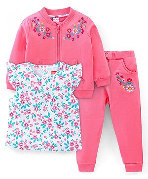 Babyhug 100% Cotton Premium Light Gauge Terry Full Sleeves Sweatshirt With Top & Lounge Pant Floral Print & Embroidery- Pink