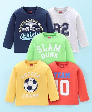 Babyhug 100% Cotton Jersey Knitted Full Sleeves T-Shirts Text Print Pack of 5 - Multicolour