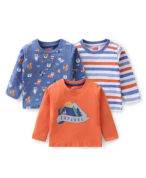 Babyhug Cotton Jersey Full Sleeves T-Shirt With Fox Print - Orange &  Blue