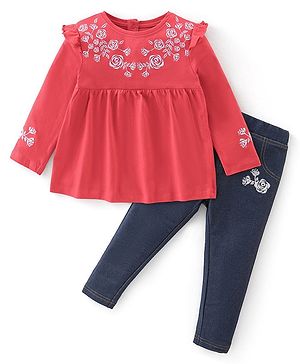Babyhug 100% Cotton Knit Full Sleeves Top & Jeggings With Floral Print - Red & Blue