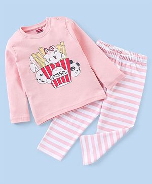Babyhug Cotton Interlock Full Sleeves Night Suit with Kitty Print - Pink