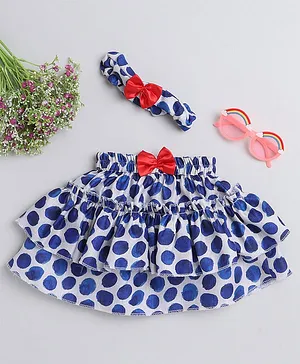 Many frocks & Polka Dots Printed Tired Bow Applique Skirt With Headband - Blue White
