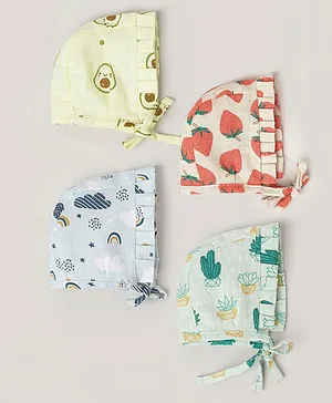 The Boo Boo Club 100% Muslin Organic Cotton Set Of 4 Fruits & Clouds Printed New Born Baby Caps - Multi Colour