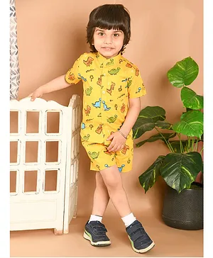 LIL PITAARA Pure Cotton Half Sleeves Animal Theme Dinosaur Printed Co Ord Set - Yellow