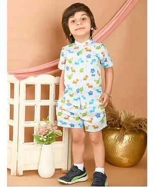 LIL PITAARA Pure Cotton Half Sleeves Sea Life Theme Printed Co Ord Set - Blue