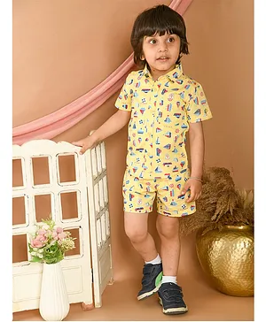 LIL PITAARA Pure Cotton Half Sleeves Sailor Theme Printed Co Ord Set - Yellow